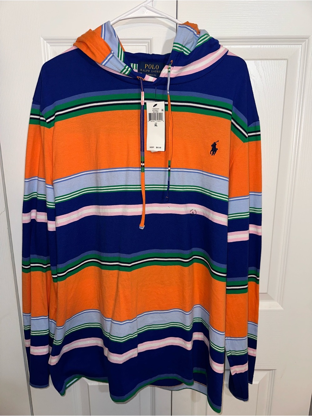NWT Polo Ralph Lauren Classic Fit Striped Hooded Long Sleeve Tee XL Orange Blue